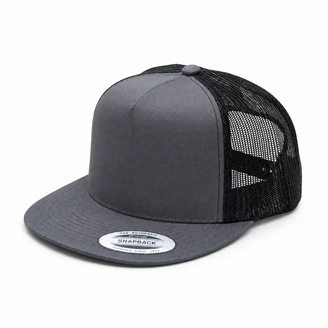 Classic 5 Panel Trucker Cap Dark Grey & Black Mesh