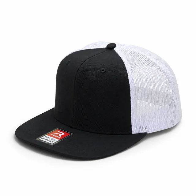 Flat Bill Black and White MeshTrucker Cap 
